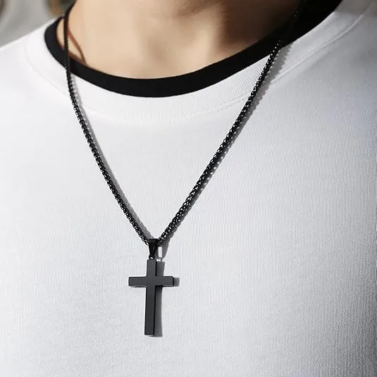 RS Cross Necklace for Men Boys Women 16-24 Inches Stainless Steel Cross Pendant Chain Religious Gift