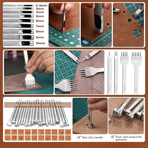 TLKKUE Leather Tooling Kit Leather Craft Tools Leather Working Kit with Custom Handbag Cutting Mats Engraving Punching Sewing Stamping Sanding Tools Leather Tools for Leather Working Professional