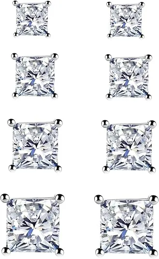 925 Sterling Silver Post Stud Earrings for Women - 4 Pairs Square Cut Cubic Zirconia Stud Earrings Hypoallergenic Stud Earrings Set for Women Men 3mm 4mm 5mm 6mm 7mm