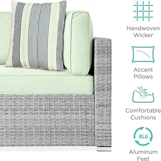 Best Choice Products 7-Piece Modular Outdoor Sectional Wicker Patio Conversation Set w/ 2 Pillows, Coffee Table, Cover Included - Gray/Light Mint