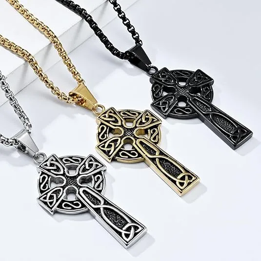 Celtic Cross Triquetra Necklace, Irish Trinity Knot, Viking Protection Amulet, Love Knots Jewelry, Stainless Steel 24" Chain