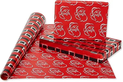 American Greetings 80 sq. ft. Reversible Christmas Wrapping Paper Bundle, Red, Black and Silver Foil, Candy Cane Stripe, Snowmen and Santa Belt (4 Rolls 30 in. x 8 ft.)