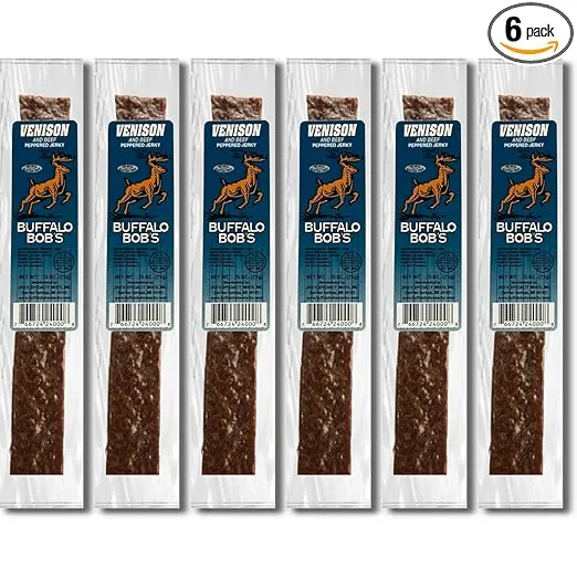 Buffalo Bob's Wild Game Meat Snacks - Venison Peppered Jerky (6 Pack) - Savory Exotic Jerky Strips, High-Protein Wild Game Meat Snacks for Adventure Enthusiasts, Stocking Stuffer, Gift for Men/Dad