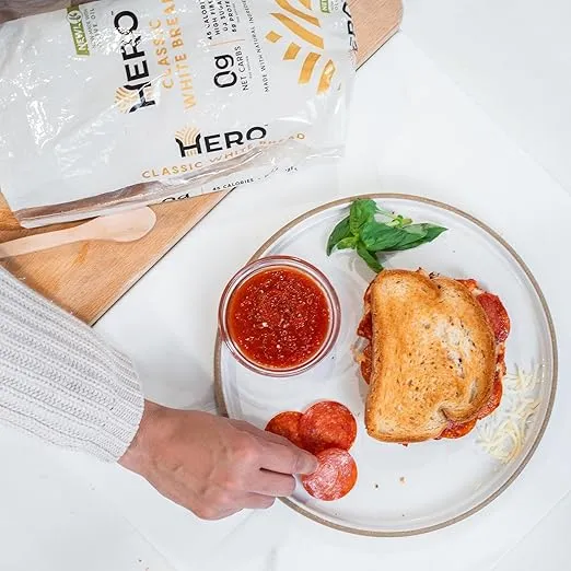 Hero Classic White Bread — Delicious Bread with 0g Net Carb, 0g Sugar, 45 Calories, 10g Fiber per Slice | Tastes Like Regular Bread | Low Carb & Keto Friendly Bread Loaf —15 Slices/Loaf, 4 Loaves