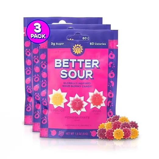 Better Sour Gummies - Apricot, Pomegranate, Plum – Naturally Flavored, Plant-Based, Low Sugar, Healthy Sour Gummy Candy – 3g sugar/60 cal per 1.8 oz Bag, Healthy Treats for Kids & Adults (Pack of 3)