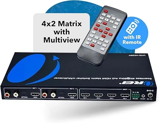 OREI 4K Multi HDMI Viewer Quad 4 in 2 Out, Matrix Switcher 4 Ports Seamless IR Remote Support 4K @ 60Hz 1080P for PS4/PC/DVD/Security Camera, HDMI Switch Optical Audio L/R Output - UHD-402MV