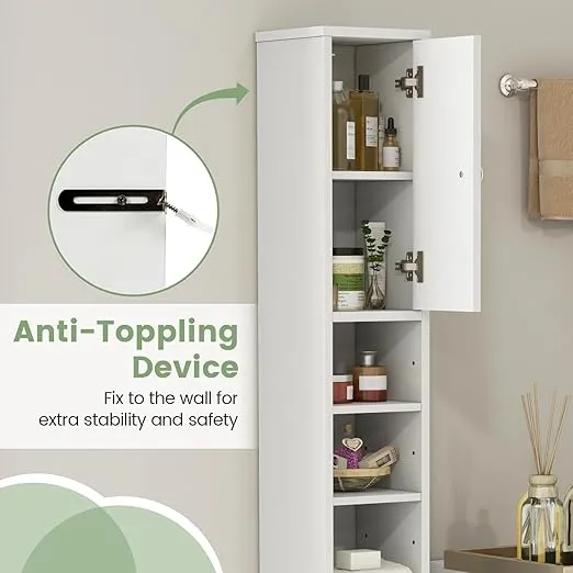 Tangkula Tall Slim Bathroom Storage Cabinet, 71" Freestanding Bathroom Cabinet w/ 2 Doors, 1 Drawer & 5 Adjustable Shelves, Floor Narrow Tower Cabinet for Small Spaces, 8" x 8" x 71" (White)