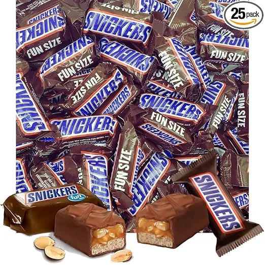 Fun Sizes Chocolate Caramel Candy Bars - 25 Individually Wrapped Candy with Roasted Peanuts, Nougat, Caramel, and Milk Chocolate (1 Pound)