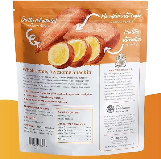 Dr. Harvey's Sweet Potato Chews for Dogs, Dog Treats for Small, Medium, Large Dogs, Natural Dog Snacks for Training, Healthy Teeth, Preventing Bad Breath, and Aggressive Chewers, USA Grown (3 Pack)