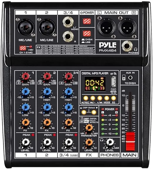 Pyle Professional DJ Audio Mixer Controller - 4-Channel DJ Controller Sound Mixer w/DSP 16 Preset Effects, USB Interface, 2 XLR Mic/Line Input, AUX, FX Processor MP3 Player, Headphone Jack PMX464
