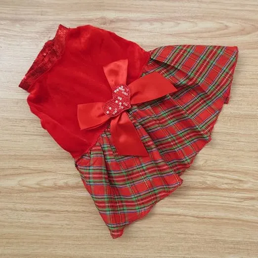 Tangpan Bow-Knot Christmas Pet Plaid Skirt Dog Clothes Santa Dress Size L