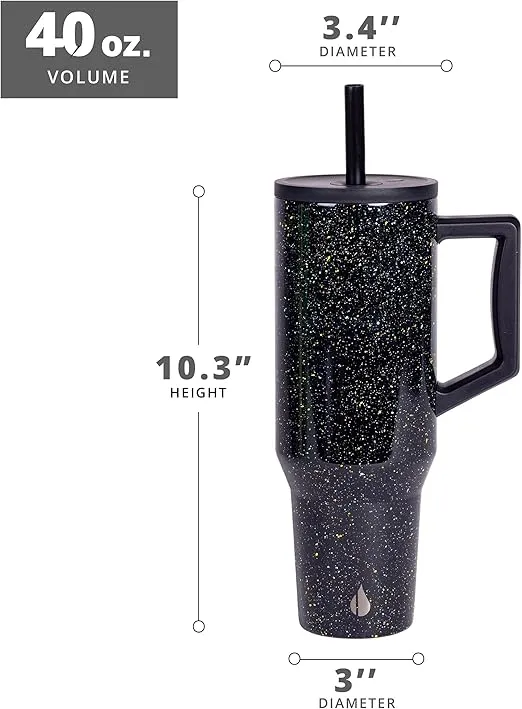 Elemental 40 oz Tumbler with Handle and Straw - Spill Proof Insulated Stainless Steel Commuter for Hot and Cold Beverages - Travel Coffee Mug with 2 Straws & Spill Proof Lid - 40oz - Black Speckle