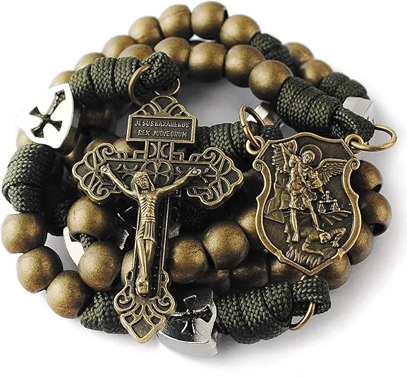 HanlinCC Large and Heavy Antique Bronze Metal Beads Rugged Durable Paracord Rosary Necklace with St.Michael Center Piece and Pardon Crucifix for Men