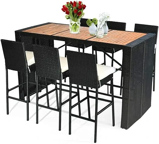 Tangkula 7 PCS Outdoor Wicker Furniture with Acacia Wood Bar Table Top and Removable Cushion, Conversation Set for Dining, Patios, Backyards, Porches, Gardens and Poolside (Black)