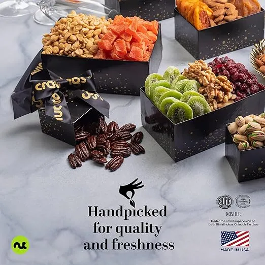 NUT CRAVINGS Gourmet Collection - Christmas Tower Dried Fruit & Nuts Gift Basket with Happy Holiday Ribbon (12 Assortments) Care Package Tray, Healthy Kosher Snack Box