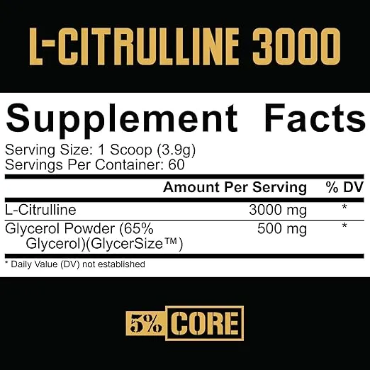 5% Nutrition Core L-Citrulline 3000 with Glycerol | Nitric Oxide Booster & Muscle Pump Supplement | Pre-Workout Additive | Unflavored (60 Servings)