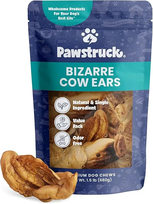 Pawstruck Natural Bizarre Cow Ears Bargain Bag - Healthy Rawhide Free, Highly Digestible Low Calorie & Long Lasting Chew Treat for All Breeds - 1.5 lb. Bag - Packaging May Vary