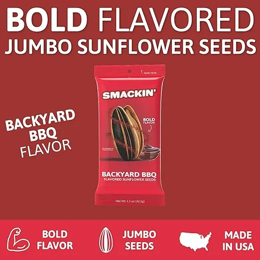SMACKIN' Sunflower Seeds, Roasted Jumbo Small-Batch, American Made - Backyard BBQ. 1.5oz bags (54 Pack Bucket)