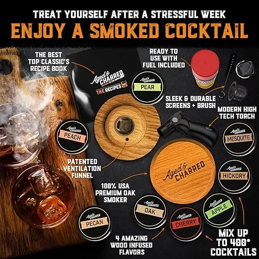 Whiskey Smoker Kit with Torch & 8 Flavors Wood Chips - Old Fashioned Smoker Kit - Bourbon Gifts for Men, Cocktail Smoker kit - USA Oak Smoke Lid (No Butane)
