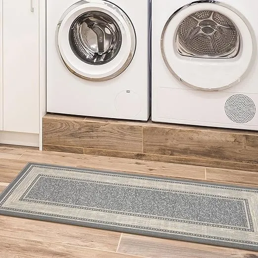Machine Washable Bordered Design Non-Slip Rubberback 3x10 Traditional Runner Rug for Hallway, Kitchen, Bedroom, Living Room, 2'7" x 9'10", Light Gray