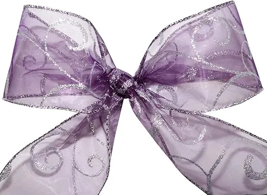Morex Ribbon 7416.60/50-610 Swirl 2.5" X 50 YD Nylon Sheer Curling Wired Glitter Ribbon, Purple/Silver, Holiday Ribbons for Crafts and Christmas Decorations, Indoor Christmas Ribbon for Gift Wrapping