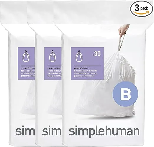 simplehuman Code B 90 Count, Genuine Custom Fit Liners, Drawstring Trash Bags in Dispenser Packs, 6 Liter / 1.6 Gallon, White
