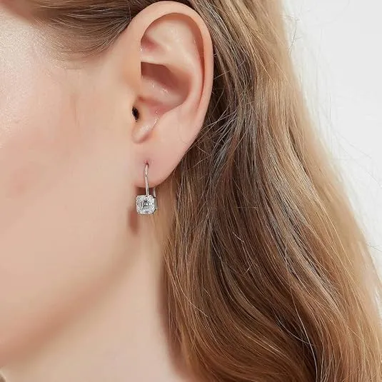 BERRICLE Sterling Silver Solitaire 3.2 Carat Asscher Cut Cubic Zirconia CZ Anniversary Fish Hook Dangle Drop Earrings for Women, Rhodium Plated
