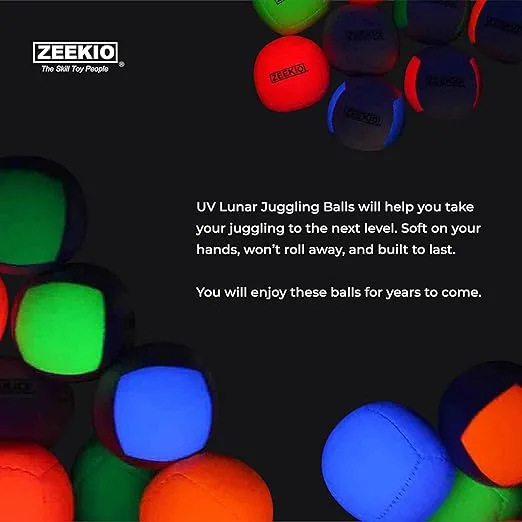 Zeekio Lunar Juggling Balls - [Set of 3], Professional UV Reactive, 6-Panel Balls, Synthetic Leather, Millet Filled, 110g Each, White/Green