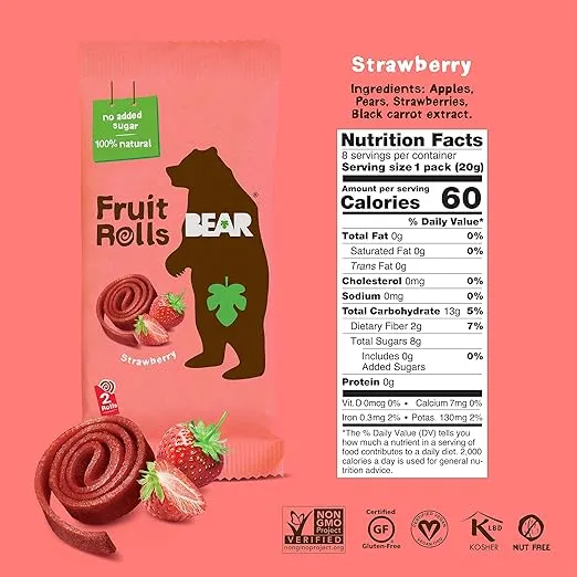 BEAR Real Fruit Snack Rolls, Strawberry & Raspberry Variety Pack – 16 Count – Gluten Free, Vegan, and Non-GMO – Healthy School And Lunch Snacks For Kids and Adults