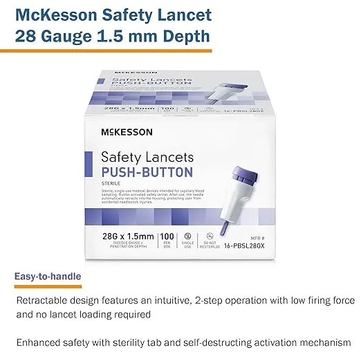 McKesson Lancets for Diabetes Testing [100 Count] Lancing Device for Blood and Glucose Test, 28G x 1.5 mm, Push Button Activation, Sterile, Single Use
