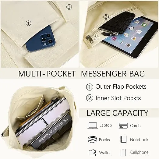 JQWSVE Canvas Messenger Bag Large Hobo Crossbody Bag with Multiple Pockets Canvas Shoulder Tote Bag for Women and Men