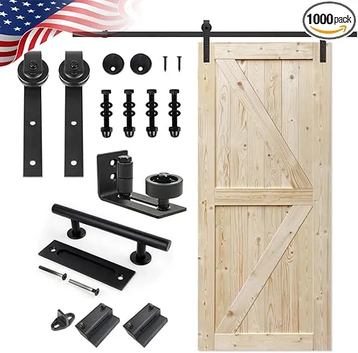 S&Z TOPHAND 36 in. x 84 in. Unfinished British Brace Knotty Barn Door with 6.6FT Sliding Door Hardware Kit/Solid Wood/Sliding Door/Double Surfaces/A Simple Assembly is Required (36, Door+J Shape)