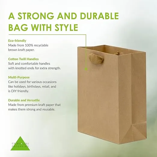 Kraft Gift Bags - 50 Pack 8x4x10 Designer Kraft Shopping Bags in Bulk, Small Gift Wrap Totes with Fabric Handles for Boutiques, Small Business, Retail Stores, Merchandise, Birthday Parties