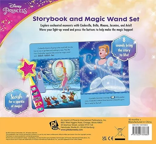 Disney Princess Moana, Belle, Cinderella, and more! - Magical Moments! Storybook and Magic Wand Toy Sound Book Set - PI Kids