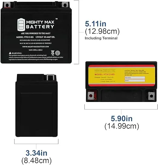 Mighty Max Battery YTX12-BS 12V 10AH Battery Replacement for Honda TRX350 Rancher 00-06