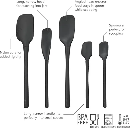 Tovolo 5-Piece Spatula Silicone Utensil Set (Black): Spatula, Spoonula, Jar Scraper, Mini Spatula, and Mini Spoonula