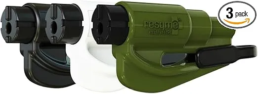 resqme Family Pack of 3 The Original Emergency Keychain Car Escape Tool, 2-in-1 Seatbelt Cutter and Window Breaker, Made in USA, Black, White, Army Green - Compact Emergency Hammer
