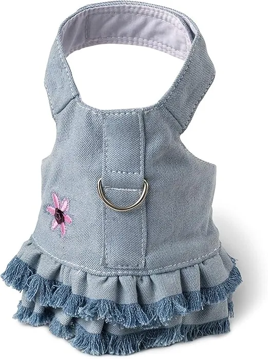 Doggles Dog Harness Dress with Jean Fringe, Blue, Teacup