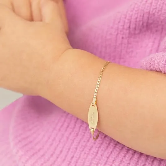 14k Yellow Gold Oval Engravable Tag Identification Bracelet With Curb Link For Little Girls and Boys 5.5" - Personalized Tag Id Bracelet For Toddler - Special First Birthday Presents For Children