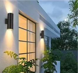 Modern Outdoor Wall Light with Dusk to Dawn Sensor, Exterior Light Fixture Wall Mount Waterproof Anti-Rust Cylinder, Up and Down 2 Lights Black Sconces for Porch Patio House Outside Entryway, 2-Pack