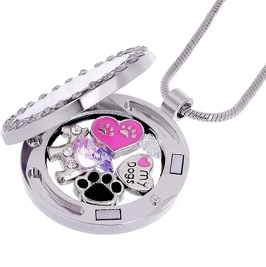 RUBYCA Themed Round Locket Necklace Crystal Birthstone Living Memory Floating Charm Silver Tone DIY