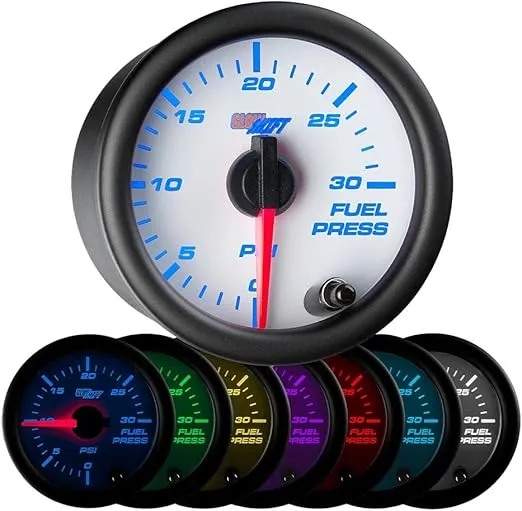 GlowShift White 7 Color 30 PSI Fuel Pressure Gauge Kit - Includes Electronic Sensor - White Dial - Clear Lens - for Diesel Trucks - 2-1/16" 52mm