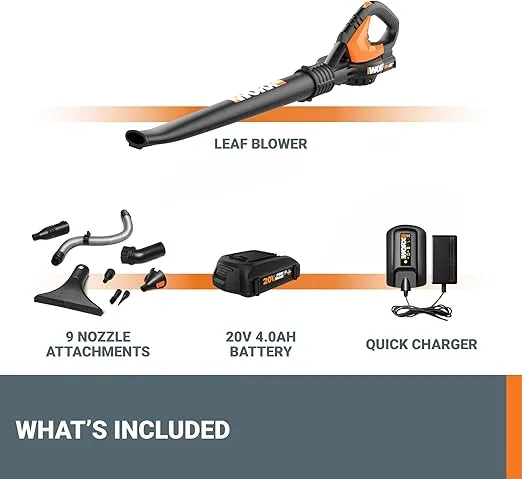 WORX 20V Cordless Leaf Blower WG545.1, Up to 120 MPH Air Speed, Long Nozzle Design for Narrow Spaces, Ideal for Indoor and Outdoor Cleaning, 9X Cleaning Attachments, Battery and Charger Included