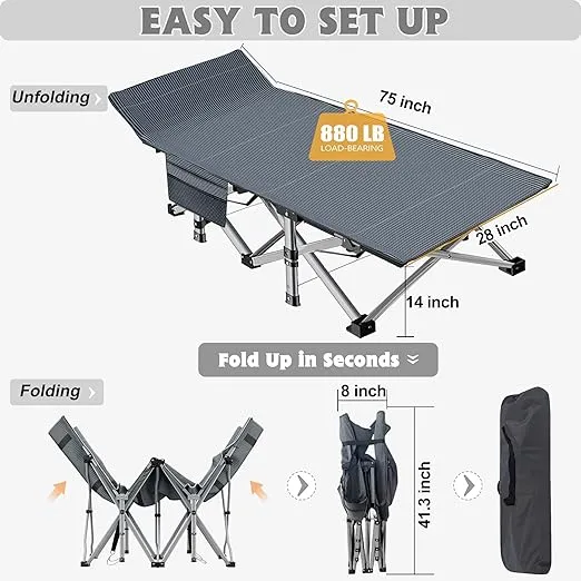 ABORON 2 Pack Folding Camping Cot W/Mat for Adults, Heavy Duty Outdoor Bed with Carry Bag,1200 D Layer Oxford Travel Camp Cots