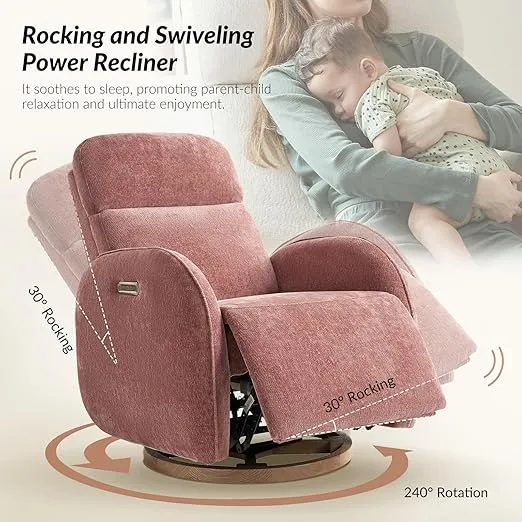 HULALA HOME Glider Recliner Nursery Chair with Adjustable Headrest and Lumbar Support, Modern Power Recliner with USB Port and Nightlight, Swivel Rocker Recliner for Nursing Room Bedroom, Pink