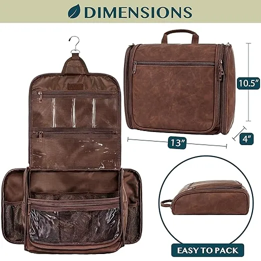 PAVILIA Large Hanging Toiletry Bag Travel Bag Women Men, PU Leather Cosmetic Organizer, Water Resistant Makeup Bag Accessories Toiletries, Travel Essentials Kit, Brown