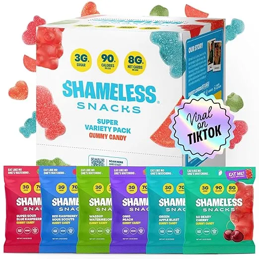 Shameless Snacks - Healthy Low Calorie Snacks, Low Carb Keto Gummies (Gluten Free Candy) - 6 Pack Super Variety Pack