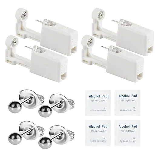 Self Ear Piercing Kits – 4 Pack Disposable Self Ear Piercing Gun, Ear Pearcings Kit with 3mm Silver Black Gold Ball Earring Studs,Safety Ear Piercing Gun Kit Tool (Silvery)