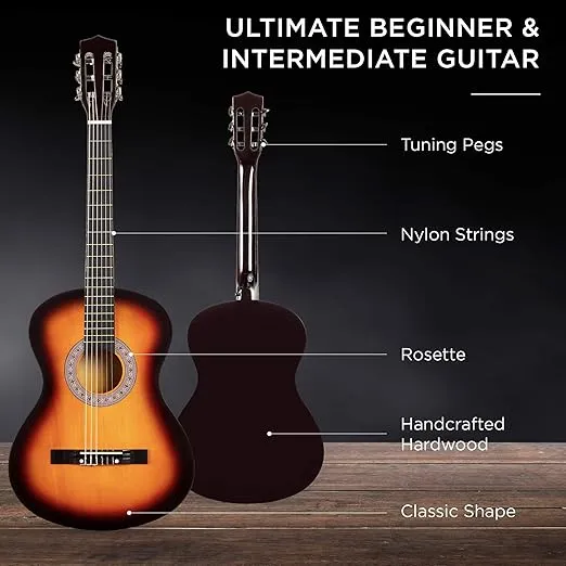 Best Choice Products 38in Beginner All Wood Acoustic Guitar Starter Kit w/Gig Bag, 6 Celluloid Picks, Nylon Strings, Capo, Cloth, Strap w/Pick Holder - Sunburst