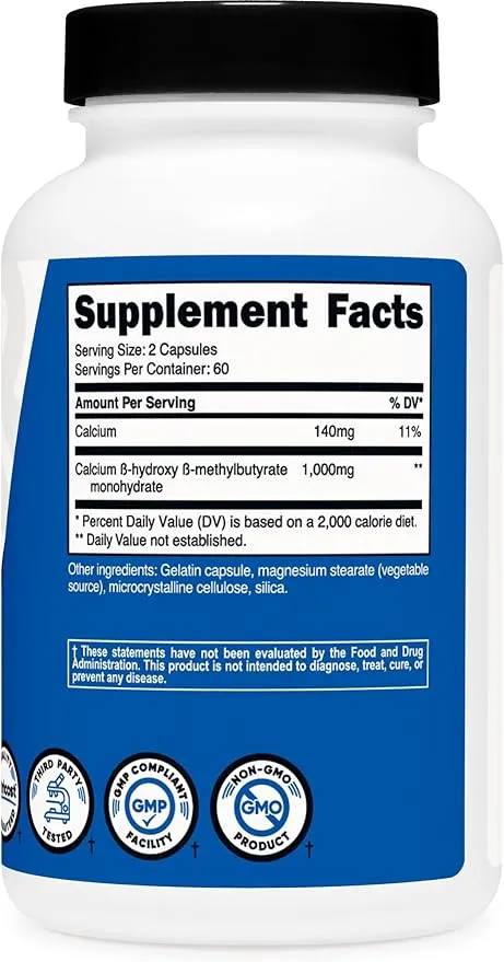 Nutricost HMB (Beta-Hydroxy Beta-Methylbutyrate) 1000mg (120 Capsules) - 500mg Per Capsule, 60 Servings - Gluten Free and Non-GMO